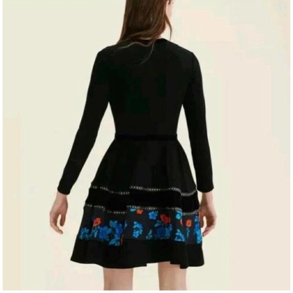 Maje Rafa Ponte Floral Flared Black Velvet Embellished Crepe Mini Dress Small - Picture 3 of 11